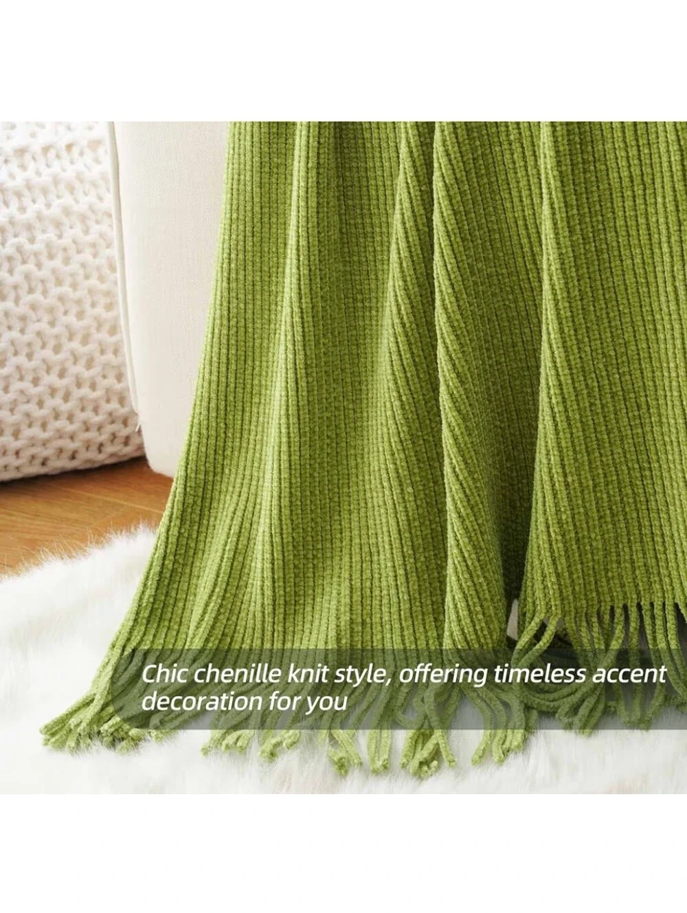 Battilo NWT Chenille Knit Throw Blanket With Tassels In Apple Green 60